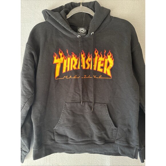 Y2K Thrasher Flame Logo Hoodie Black Men’s Size S – Skate Sweatshirt Spell Out - Picture 1 of 8